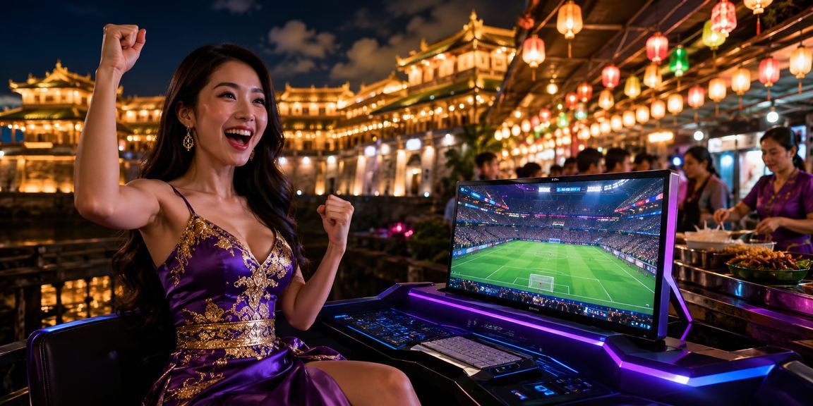 Cảnh chợ đêm Huế với màn hình hiển thị kết quả cá cược esports sôi động